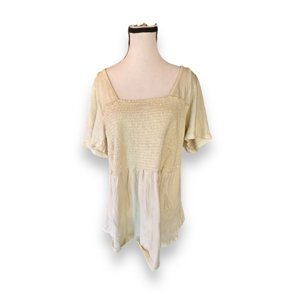Women’s 2X Pennington’s Pale Yellow Square Neck Smocked Bodice Tee 18 20 XXL